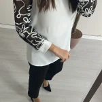 Beyaz Uzun Kollu Tüy Detaylı Tunik