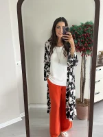 Beyaz Siyah Desenli Uzun Kimono