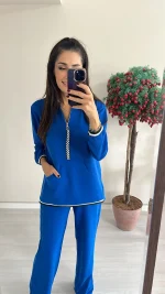Saks Mavi Fermuar ve Cep Detaylı Takım
