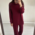 Bordo Omuzlu Taş Detaylı Takım