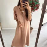 Camel  Kısakollu Gömlek Elbise