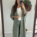 Haki Keten Püskül Uzun Kimono