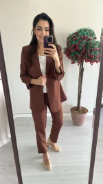 Double Krep Dar Paça Kahve Pantalon