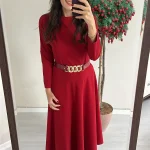 Uzun Kollu Şık Kırmızı Elbise