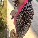 Leopar Fuşya Şeritli Kimono
