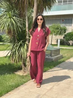 Gold Detaylı Bordo Yazlık Takım - Görsel 2