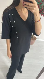 Siyah Taş Şerit Detaylı Tunik