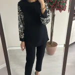 Siyah Uzun Kollu Tüy Detaylı Tunik