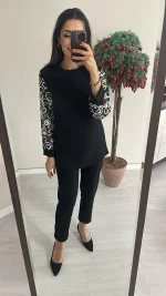 Siyah Uzun Kollu Tüy Detaylı Tunik