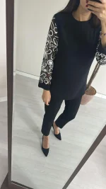 Siyah Uzun Kollu Tüy Detaylı Tunik - Görsel 2