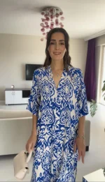 Truvakar Kollu Mavi Desenli  Elbise - Görsel 2